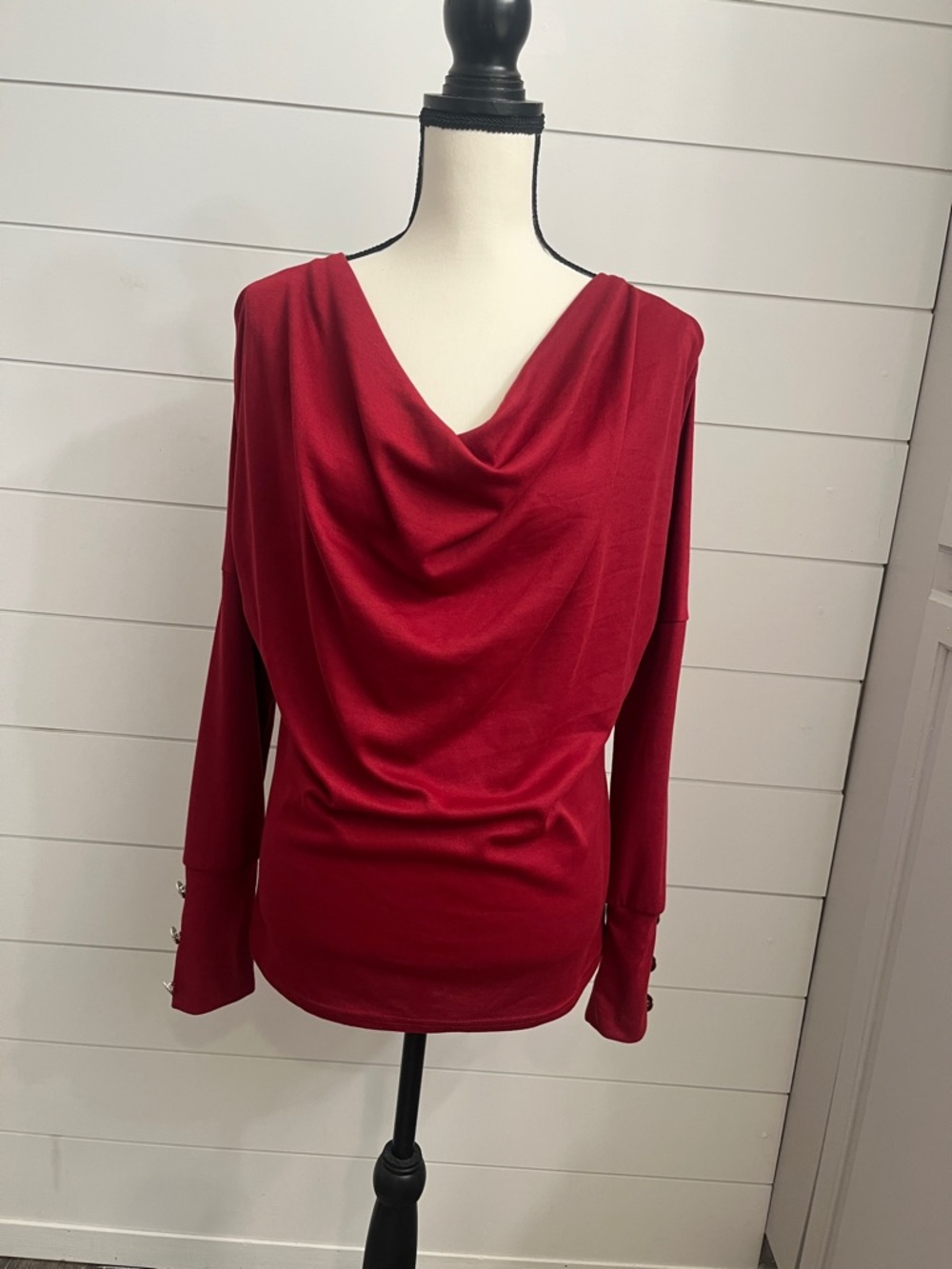 Draped Cowl Neck Red Long Sleeve Top